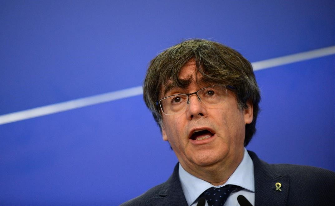 Former member of the Catalan government Carles Puigdemont speaks at the European Parliament in Brussels  Belgium  February 24  2021  REUTERS Johanna Geron