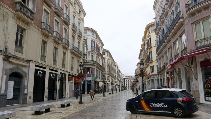 Un radiopatrulla de la Policía Nacional en calle Larios.