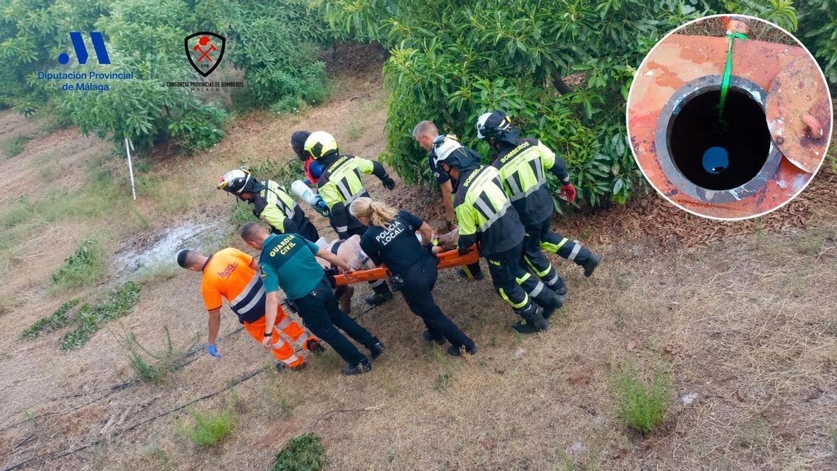 Bomberos rescatan a un hombre que cayó a un bidón de agua en Alhaurín el Grande.