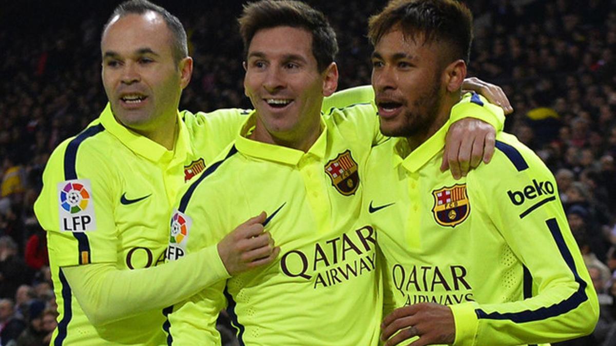 Iniesta, Messi y Neymar, celebrando uno de los goles al Atlético