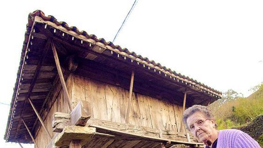 Amalia Ordóñez, delante de su hórreo de Lloses, en la parroquia maliayesa de San Pedro de Ambás.