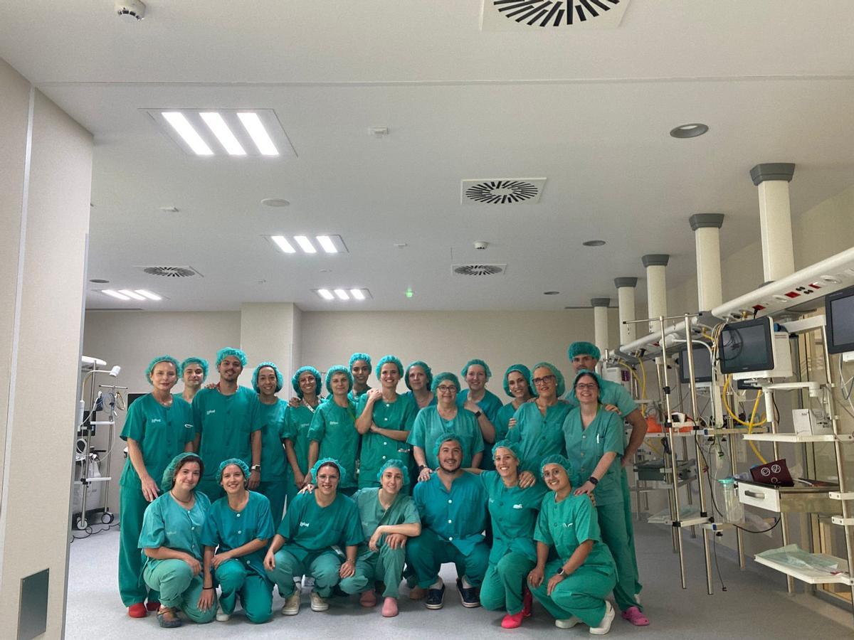 Tere Bono, arriba a la derecha, junto a otros compañeros de servicio en el hospital de Alcañiz.