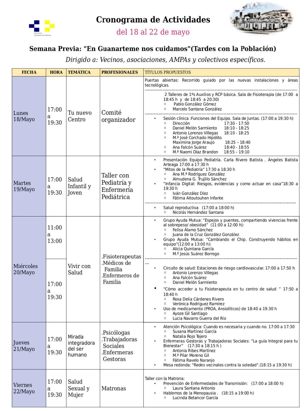 Cronograma de actividades del 18 al 22 de mayo.