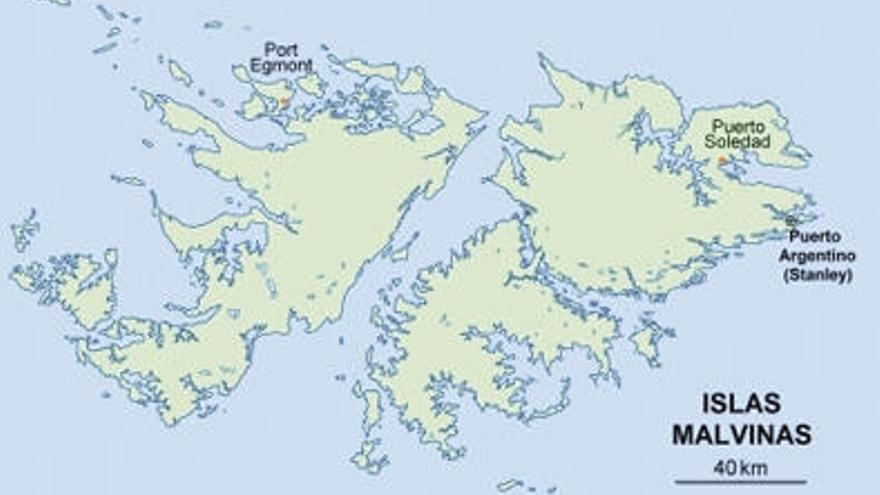 Mapa de las islas Malvinas con los tres puertos.