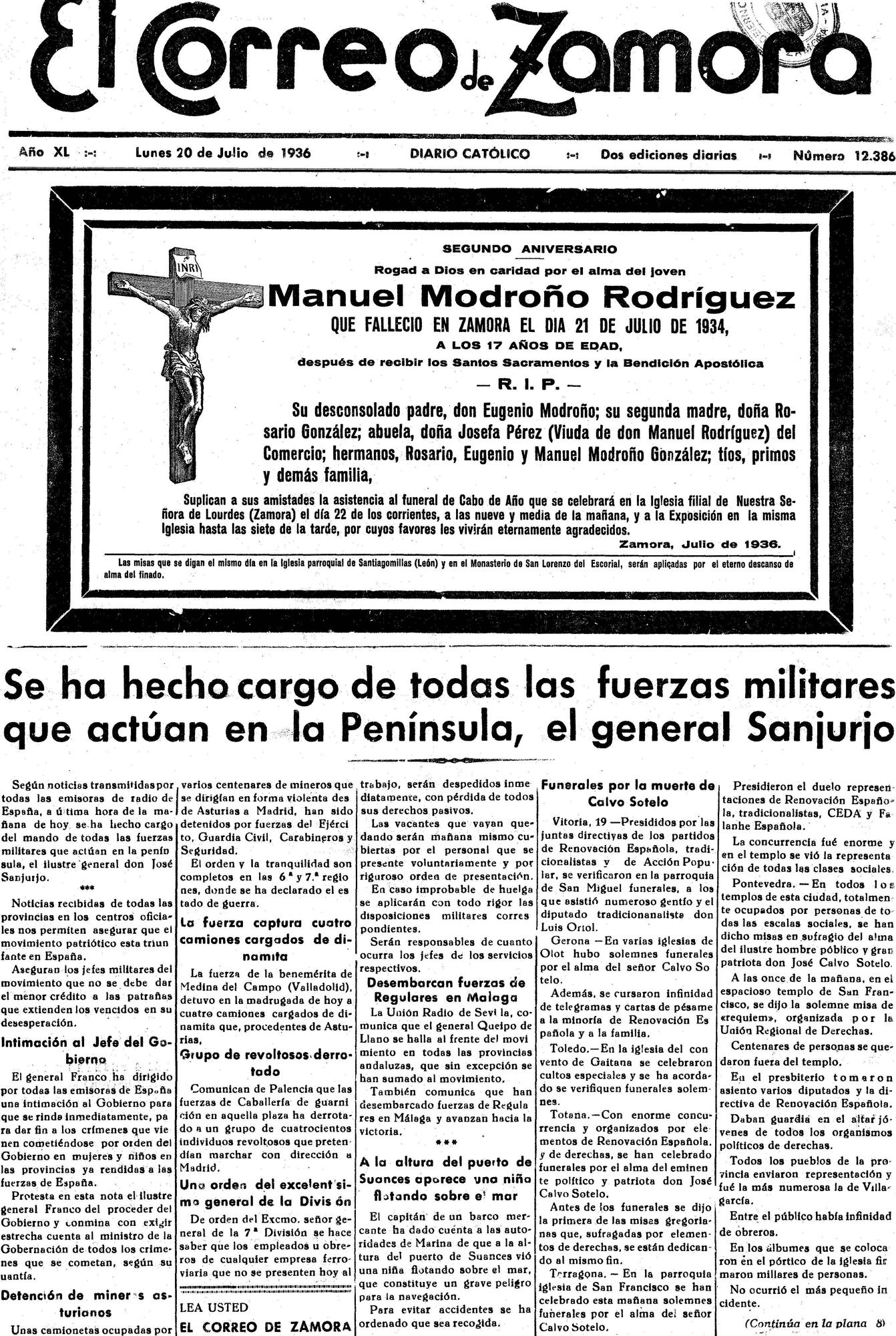 El Correo de Zamora, 20 de julio de 1936. Guerra Civil.