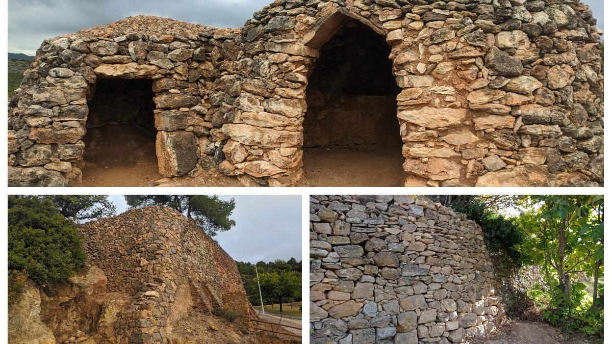 Construcciones de &#039;pedra en sec&#039; en Castellnovo (arriba), Borriol (izquierda) y Culla (derecha).