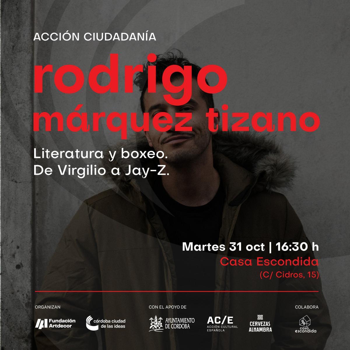 Cartel anunciador de la charla de Rodrigo Márquez.