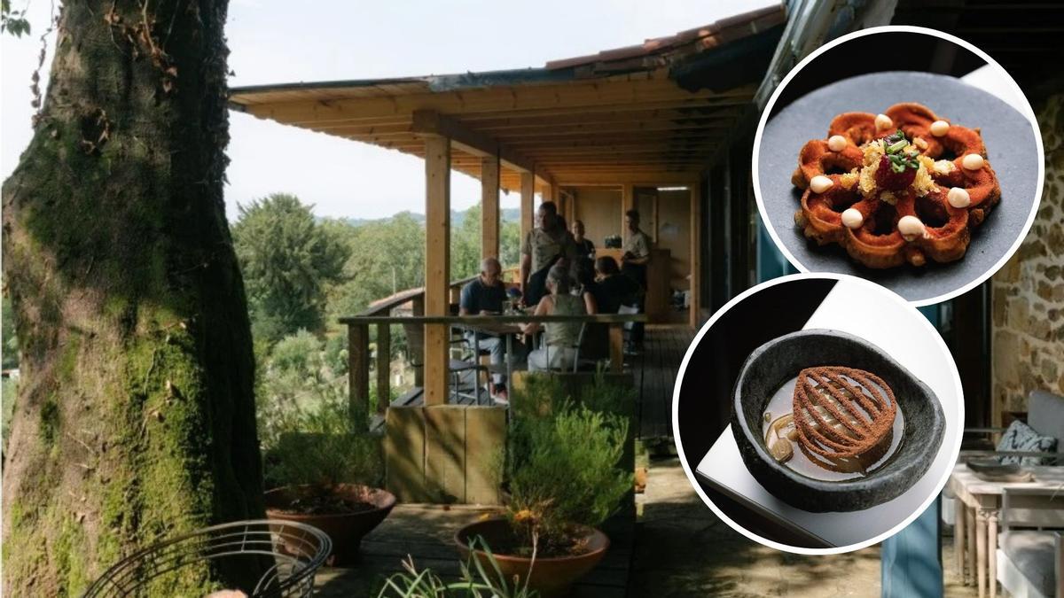 La terraza del restaurante Los Llaureles, en Torazo, con dos platos del chef Carlos Gallego.