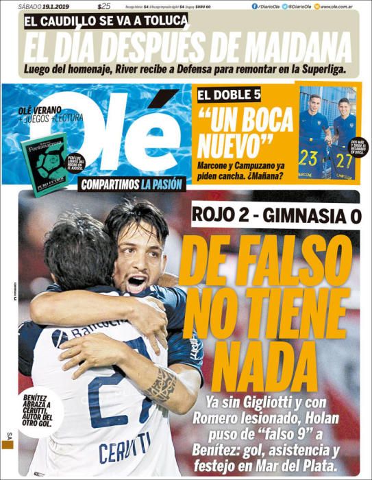 Portada OLÉ sábado 19 enero 2019