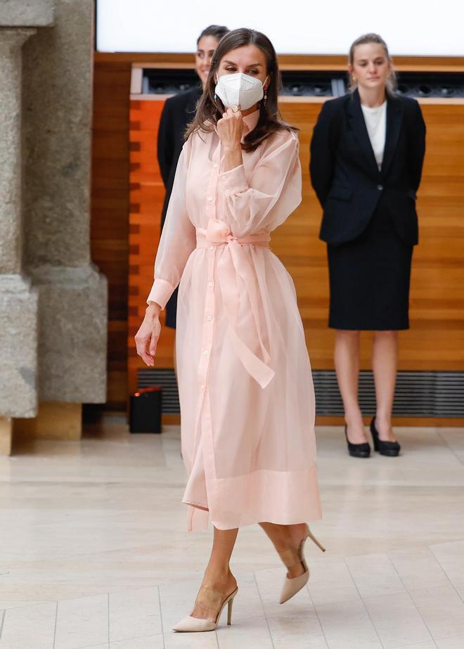 La reina Letizia con vestido rosa transparente de Maje