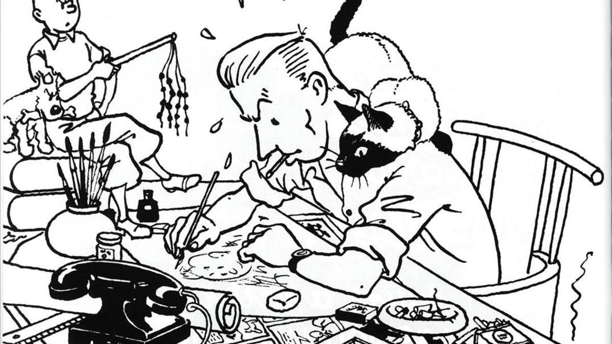 Autorretrato de Hergé publicado en la revista 'Tintín' en 1947, que aparece en el libro 'Hergé por él mismo'.