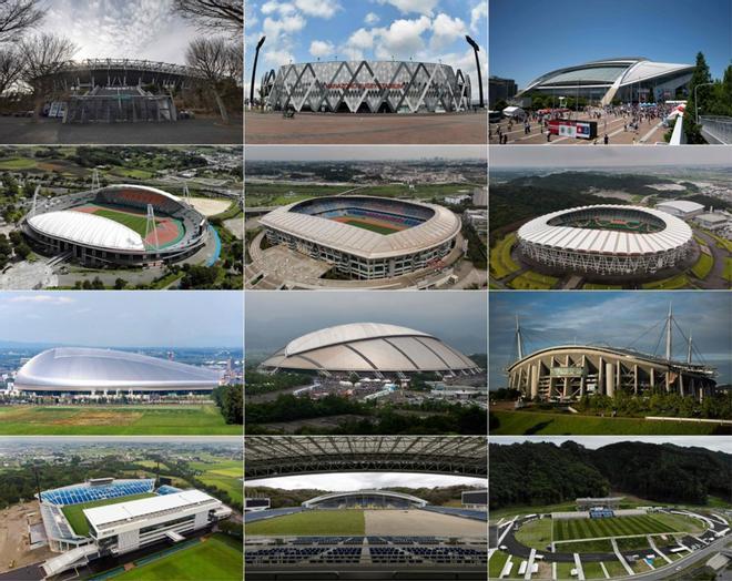 Combinación de imágenes creadas el 6 de junio de 2019 muestra los estadios de Japón para la Copa Mundial de Rugby 2019,