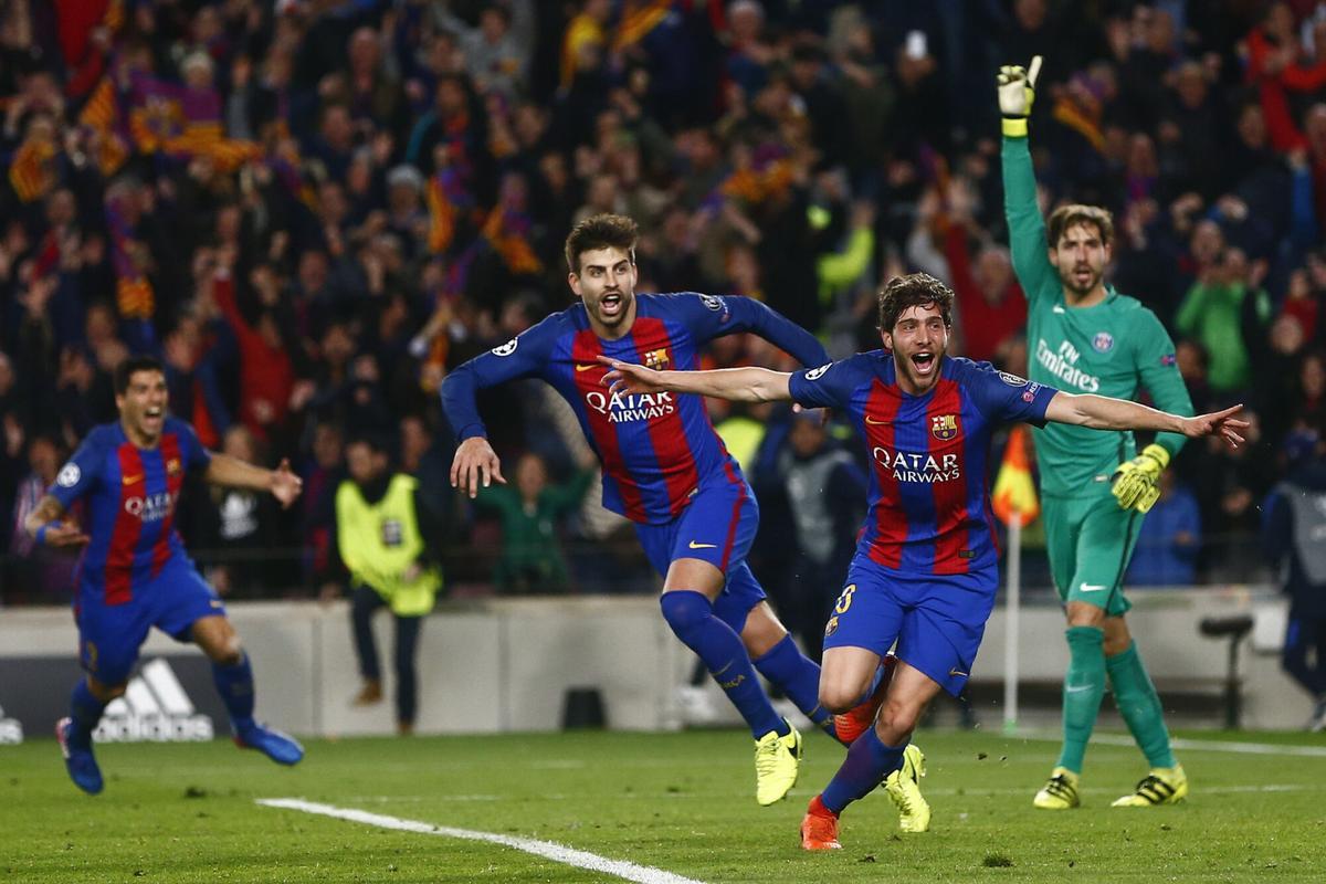 GRA887. BARCELONA. 08/03/2017.- El centrocampista del FC Barcelona Sergi Roberto (2d) celebra su gol, sexto del equipo frente al París Saint-Germain, durante el partido de vuelta de octavos de final de la Liga de Campeones que se juega esta noche en el Camp Nou, en Barcelona. EFE/Quique García. horizontal