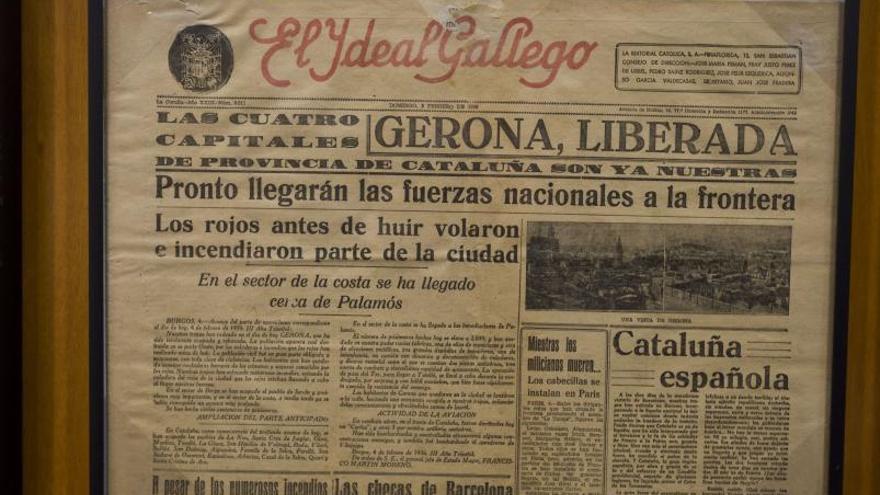 3 Portada del diari catòlic i regionalista El Ideal Gallego del 5 de febrer de 1939, que es pot veure al museu de La Voz de Galicia, en la qual s’anuncia l’«alliberament» de Girona i es denuncien els incendis causats pels «rojos» a la ciutat.