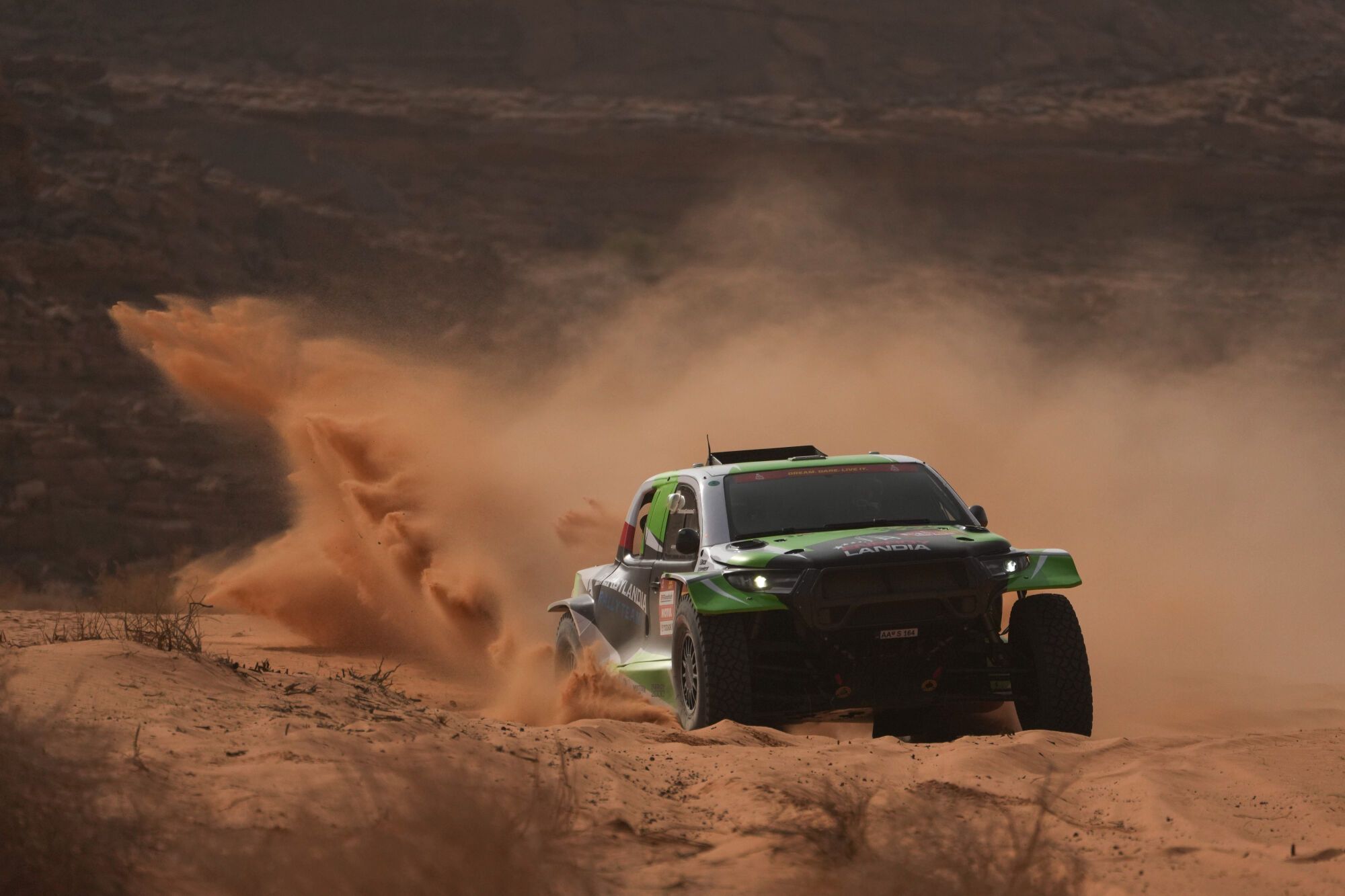 Driver Eryk Goczal and co-driver Szymon Gospodarczyk compete during the third stage of the Dakar Rally with a start and finish in Alula, Saudi Arabia, Tuesday, Jan. 6, 2026. (AP Photo/Thibault Camus)
