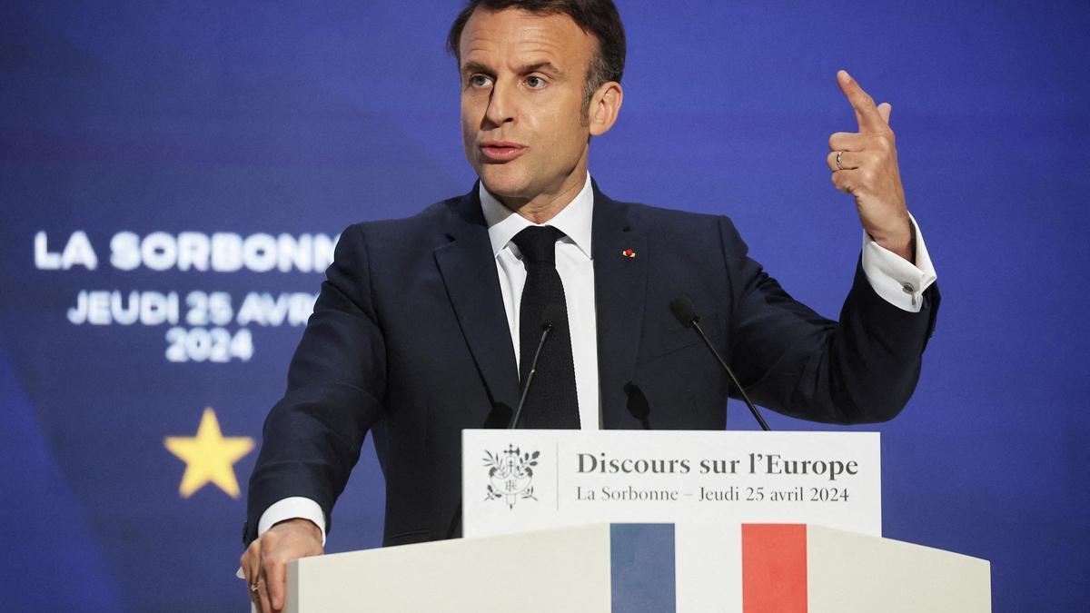 El presidente francés, Emmanuel Macron, durante el discurso que ha ofrecido este jueves en la Sorbona.