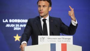 El presidente francés, Emmanuel Macron, durante el discurso que ha ofrecido este jueves en la Sorbona.