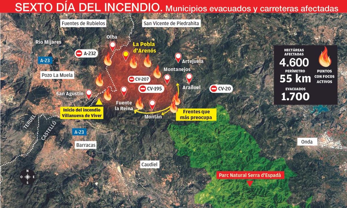 Sexto día del incendio, municipios evacuados y carreteras afectadas.
