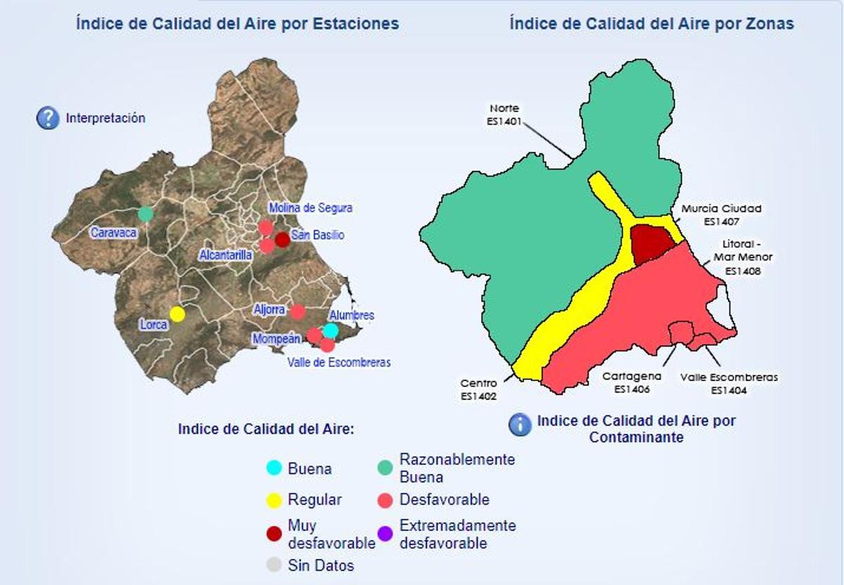 Mapa de situación del aire en la Región, jueves 28 de diciembre.