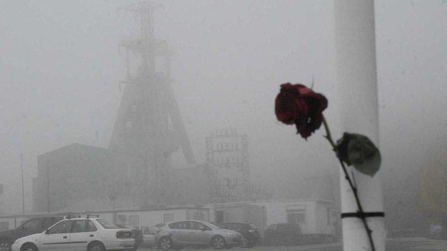 Una rosa en recuerdo de las víctimas, con el pozo Emilio del Valle al fondo.