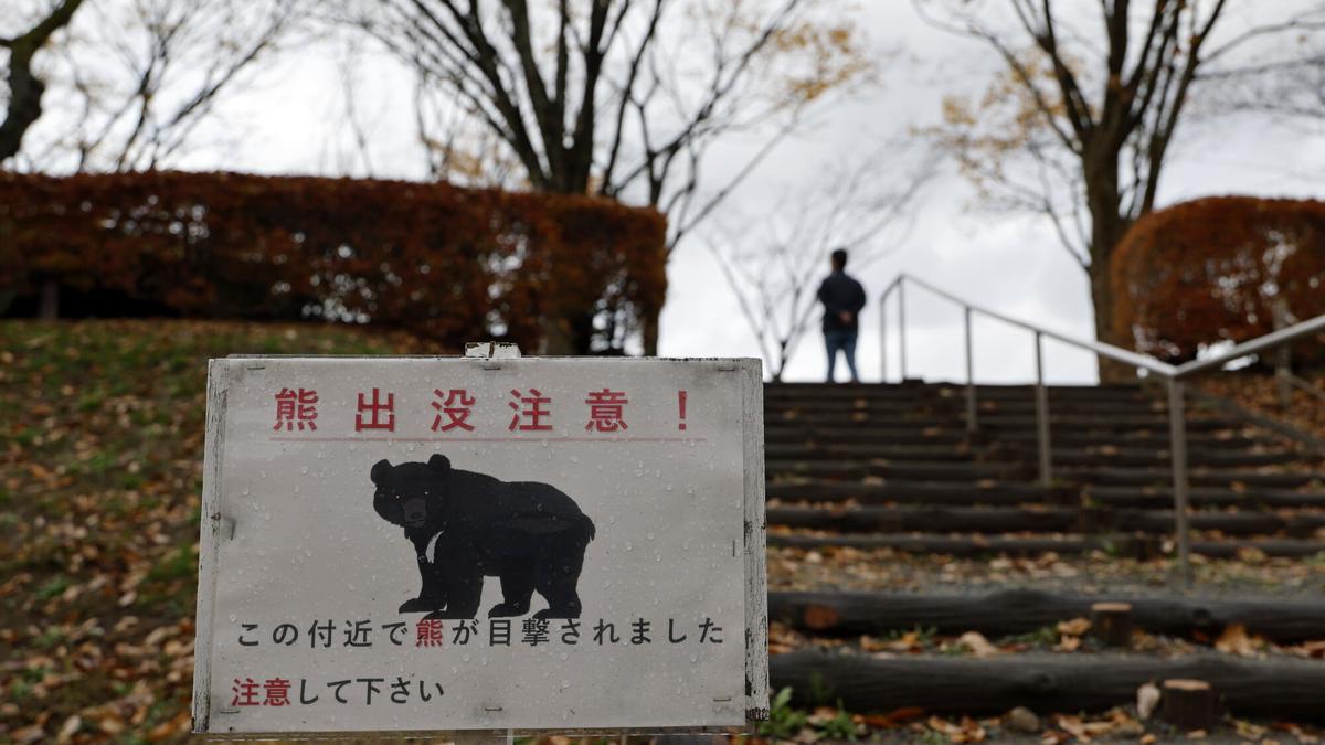 Un cartel de alerta sobre la posible presencia de osos en la prefectura de Akita, en el noreste de Japón.  Donde se han producido la mayoría de los 220 ataques registrados desde abril.