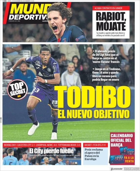 Portada MUNDO DEPORTIVO jueves 27 diciembre 2018