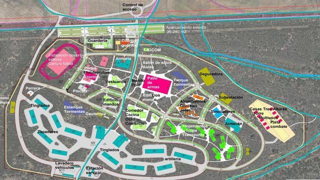 Esquema del campamento militar de Monte la Reina con los todos los edificios previstos para que las instalaciones puedan funcionar al 100%.