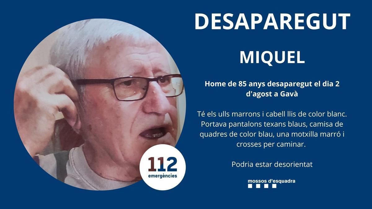 Busquen un home de 85 anys que va desaparèixer la setmana passada a Gavà Busquen un home de 85 anys que va desaparèixer la setmana passada a Gavà