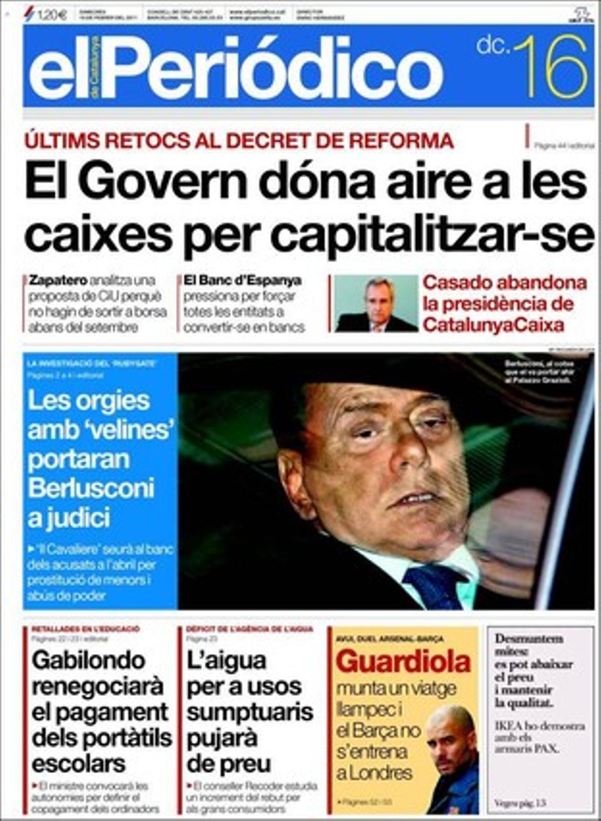 EL PERIÓDICO també destaca a dins que Mas proporciona a Gordó i Homs el rang i l’estructura de consellers a l’ombra i que ha nomenat familiars del conseller Felip Puig i de l’exconseller Pere Macías; que Duran Lleida compara la victòria sobre Hereu amb la fi d’una dictadura. A més, que els pares de la llei antitabac demanen tolerància sobre els escenaris, que un inversor privat licita per aconseguir el teatre Arnau; que el Paral·lel guanyarà sis noves places a la vorera de l’Eixample, i que el pols ajuntament-bombers costarà 370.000 euros a la ciutat, que Google replica a Telefónica que ja inverteix en noves tecnologies, i que una exposició mostra a Amsterdam com el primer Picasso parisenc es va reflectir en Van Gogh.