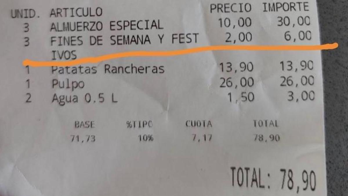La cuenta del almuerzo en un restaurante de Torrent.