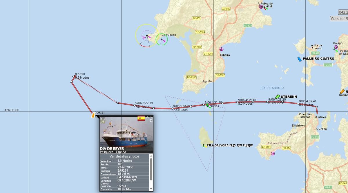 El mapa con la ruta seguida por el barco «Día de Reyes», que indica la zona en la que efectuó el rescate.