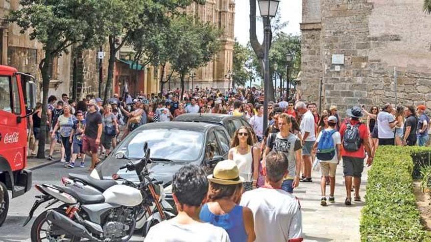 Grupos de turistas pasean por las calles del centro de Palma este verano.