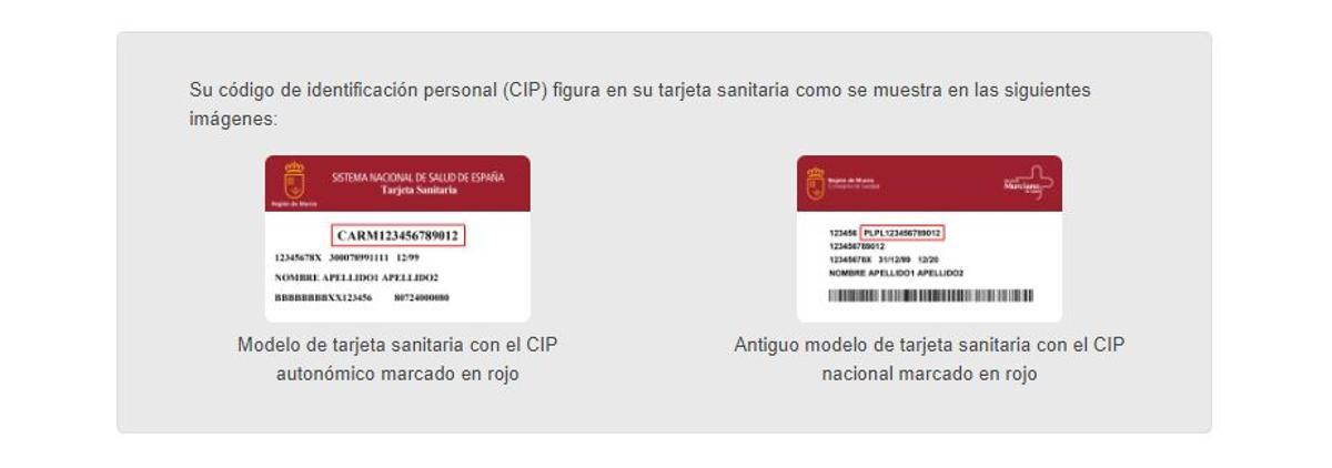 Código de identificación personal (CIP) de la tarjeta sanitaria en la Región de Murcia.