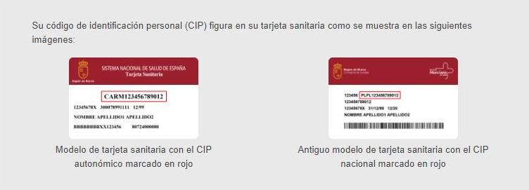 Código de identificación personal (CIP) de la tarjeta sanitaria en la Región de Murcia.