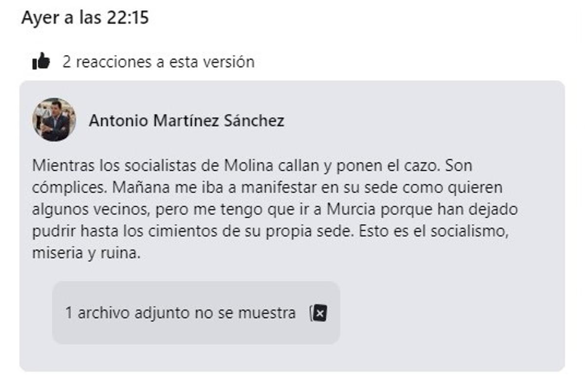 Captura de una publicación de Antonio Martínez Sánchez, según el PSOE de Molina de Segura.