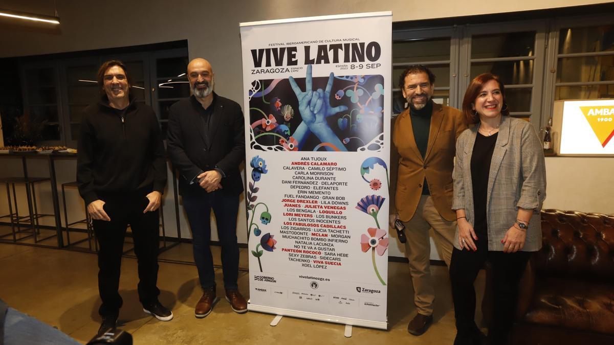 Nacho Royo, Víctor Lucea, Enrique Torguet y Sara Fernández, en el Espacio Ambar, donde se ha presentado el festival Vive Latino Zaragoza.