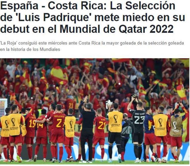 Las reacciones de los periódicos digitales deportivos a la histórica goleada de España ante Costa Rica