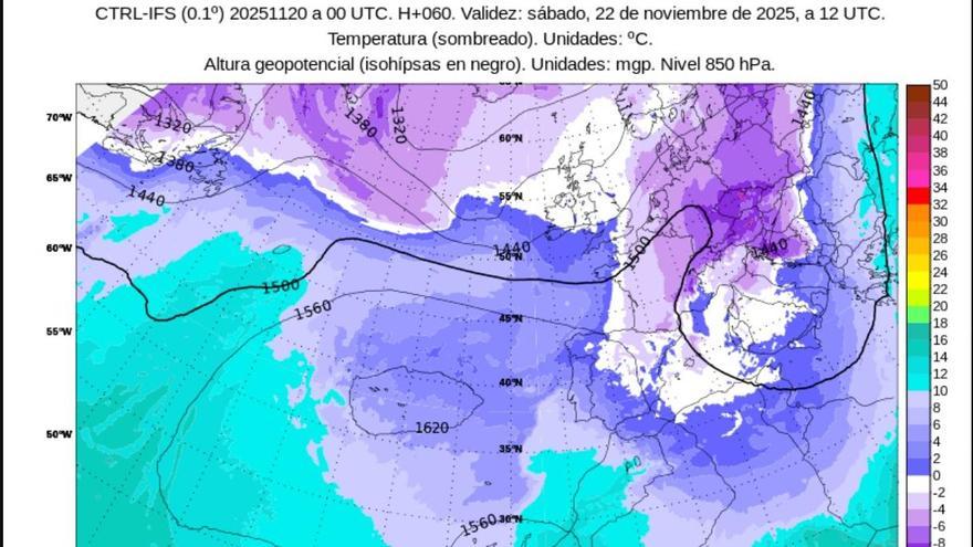Temperaturas en España y hemisferio norte, especialmente bajas, ya que, como se aprecia en la imagen difundida por la Aemet, sigue afectando la masa de aire ártico.