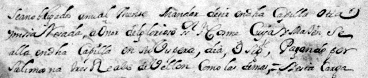 Escritura, a partir de 1710, en la que se establece por primera vez el mandato de una misa anual en honor al «glorioso» San Cosme en la capilla inaugurada unos años antes en el límite entre Coiro (Cangas) y Bueu.