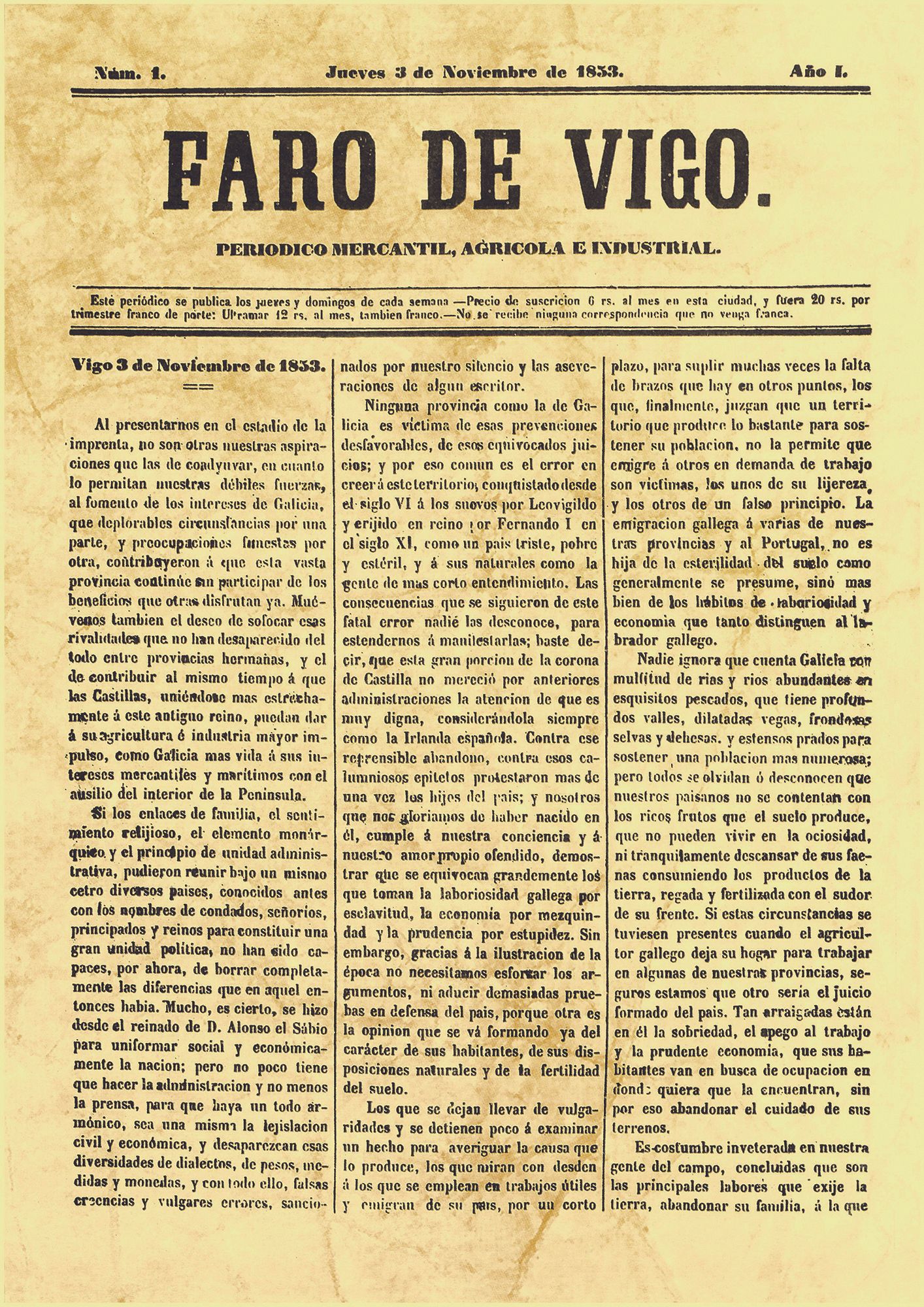 03/11/1853 - Reproducción de la primera portada de Faro de Vigo