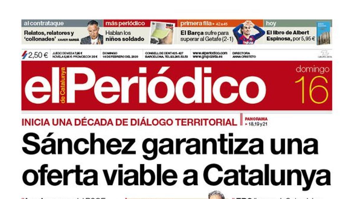 La portada de EL PERIÓDICO del 16 de febrero del 2020.