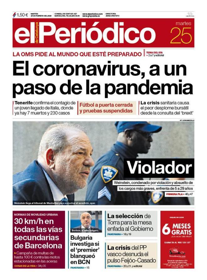 La portada de EL PERIÓDICO del 25 de febrero del 2020.