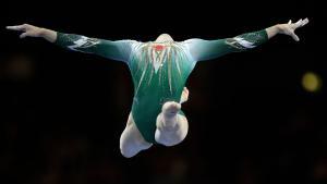 Liu Tingting de China se presenta en la barra durante la final del aparato en el Campeonato Mundial de Gimnasia Artística FIG en el Hanns-Martin-Schleyer-Halle en Stuttgart.