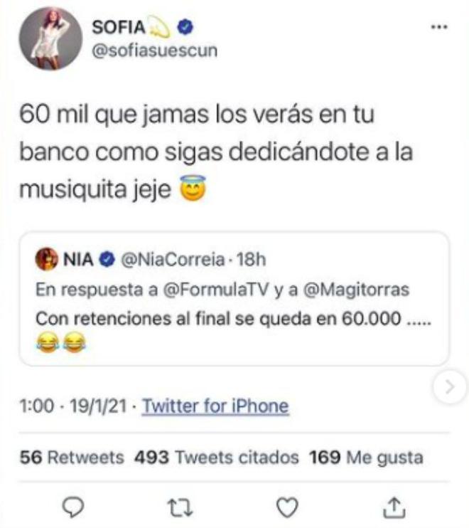 Sofía Suescun carga contra Nia Correia en Twitter