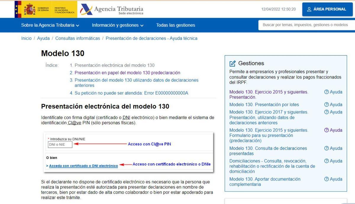 Captura de pantalla de la presentación del modelo 130 en la web de la Agencia Tributaria.