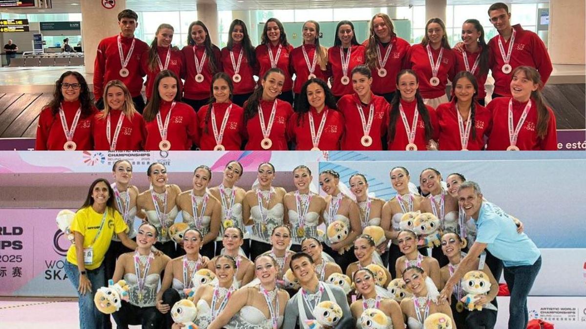 Les patinadores i patinadors del CPA Girona amb la medalla de plata a l’aeroport (a dalt) i El CPA Olot, després de penjar-se l’or a la Xina (a baix).