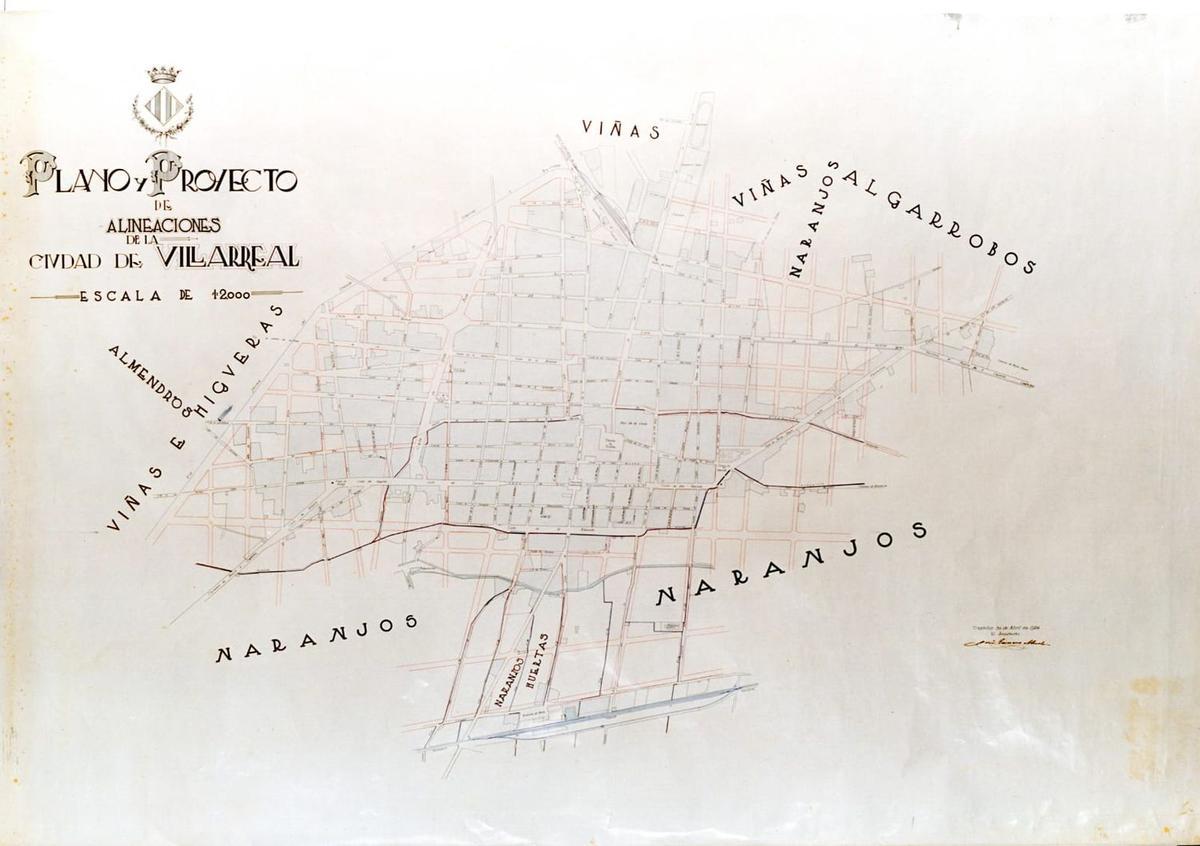 Plano de Vila-real de 1924, en el que se aprecia con una línea más oscura en el centro el trazado de la Sequieta.