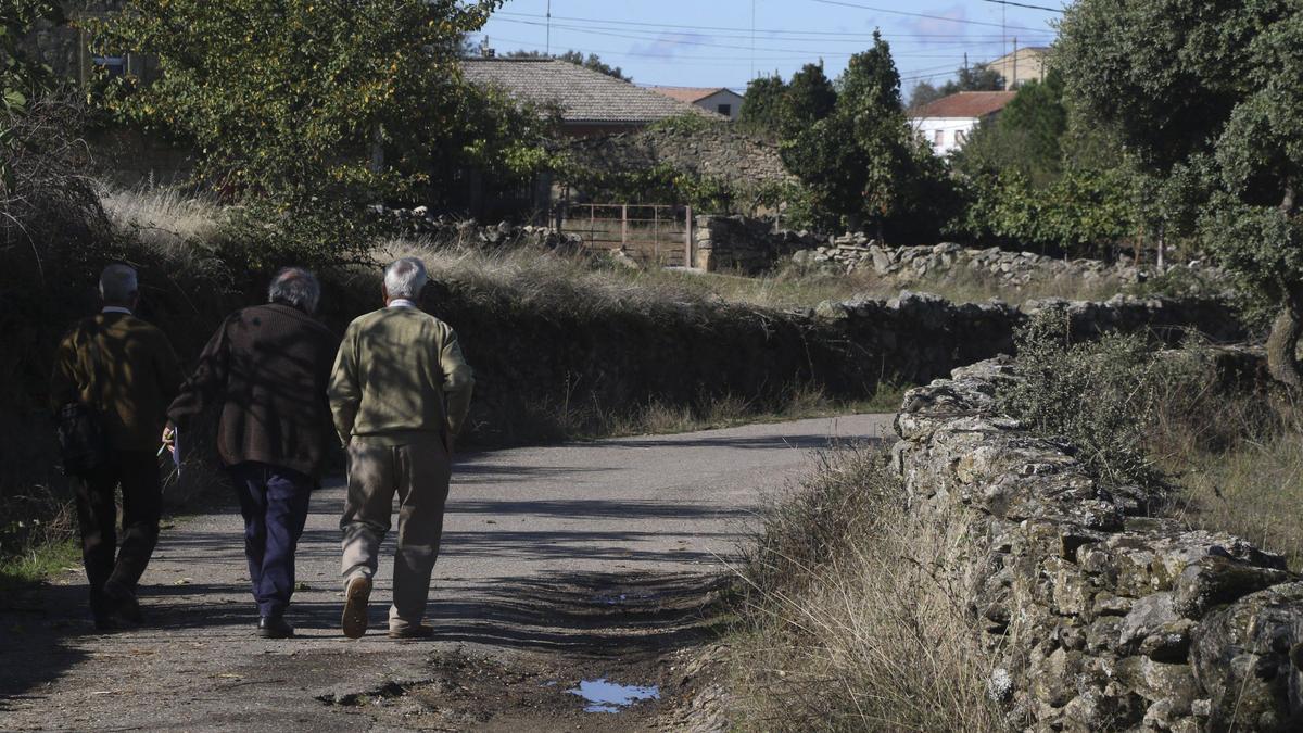 Tres personas transitan por un camino de Badilla de Sayago