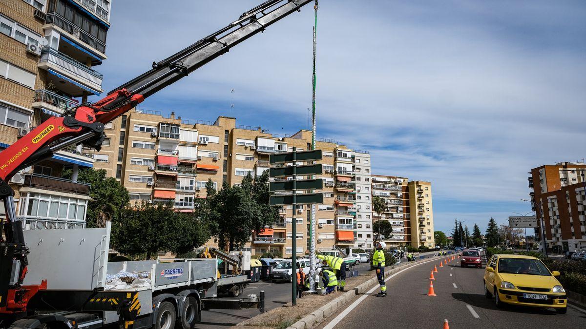 Instalación de las nuevas farolas en la autopista.