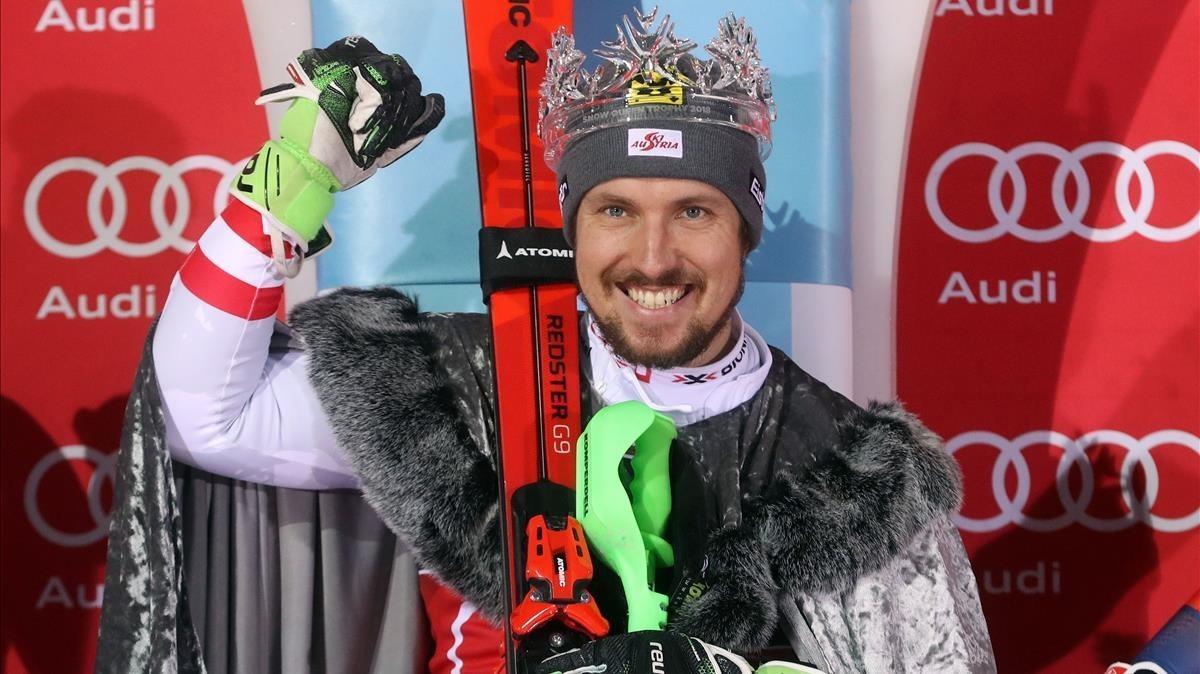 jcarmengol41480687 topshot   austria s marcel hirscher celebrates on the podium180105171834